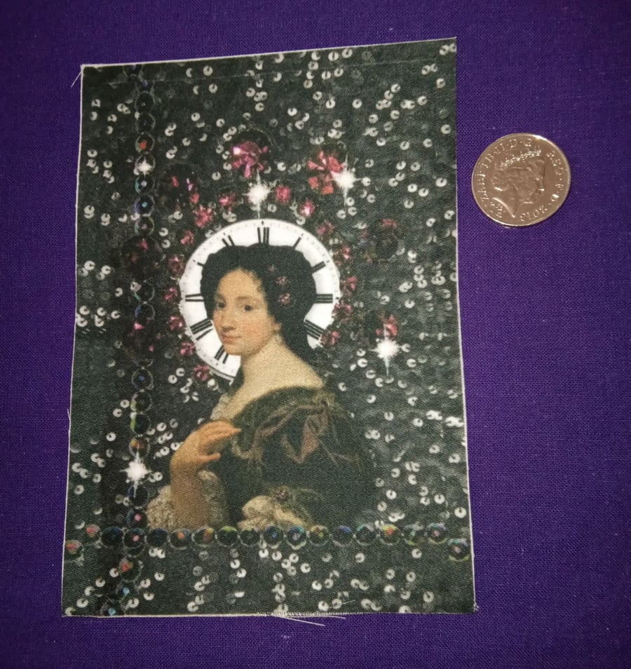 Fabric panel black sequin clock lady iron on sew on