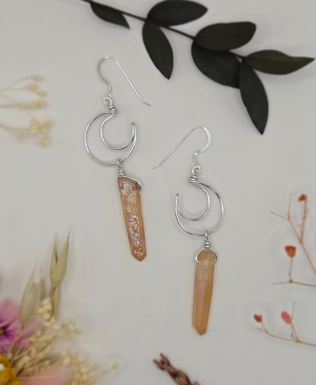 Silver Crescent Moon Charm Dangle Earrings with Champagne Aura Quartz Points