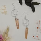 Silver Crescent Moon Charm Dangle Earrings with Champagne Aura Quartz Points