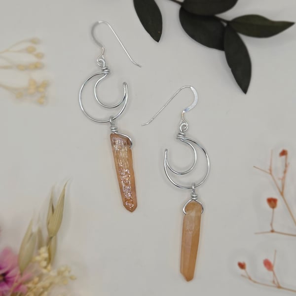 Silver Crescent Moon Charm Dangle Earrings with Champagne Aura Quartz Points