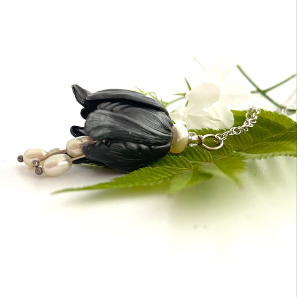 Tulip Flower Necklace Silver And Pearl Stamen Drops, Mixed Metal Necklace