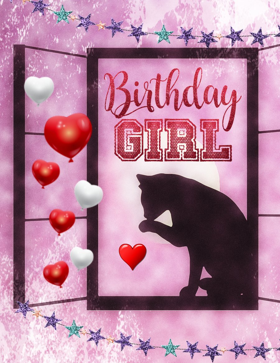 Happy Birthday Birthday Girl Cat Card A5