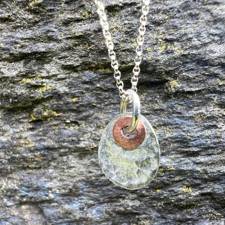 Silver and Copper Hammered Oval Pendant