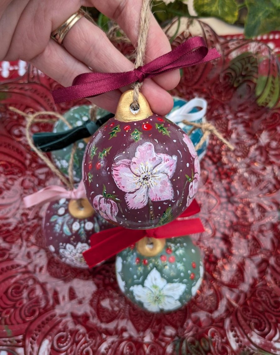 Pink Hellebore (Christmas Rose) hand-painted ceramic Christmas bauble
