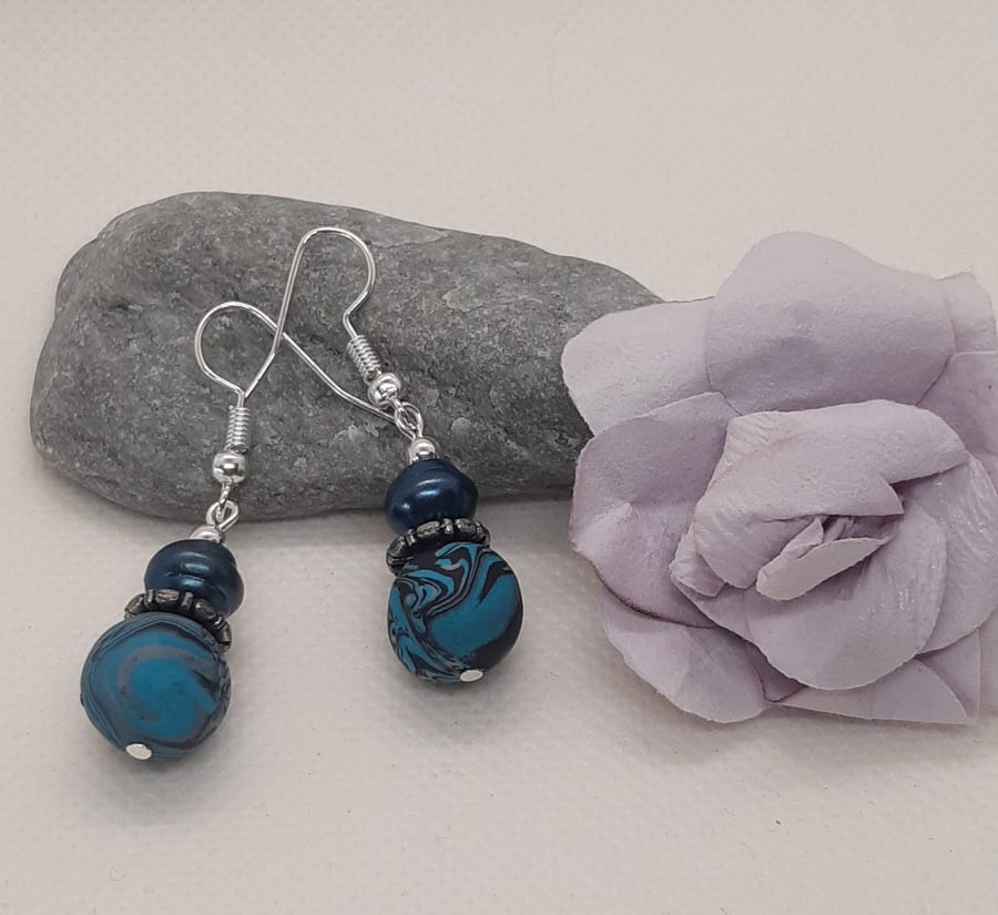 Turquoise, black and silver dangly polymer clay earrings
