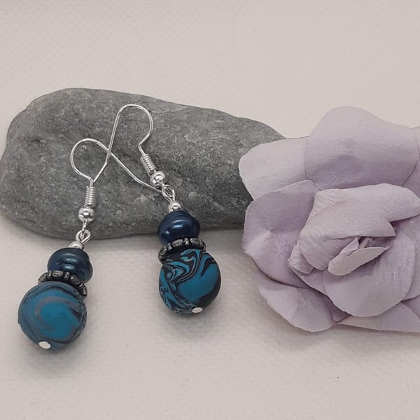 Turquoise, black and silver dangly polymer clay earrings