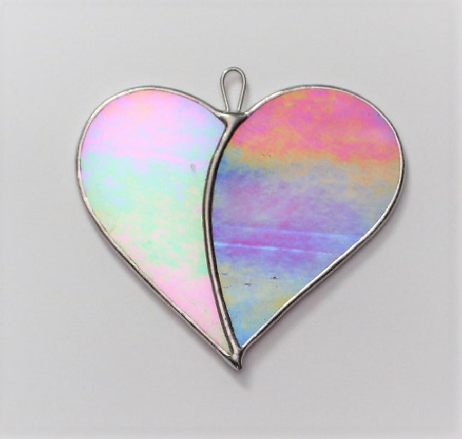 Stained Glass Love Heart "When Two Hearts become One" in iridescent glass 