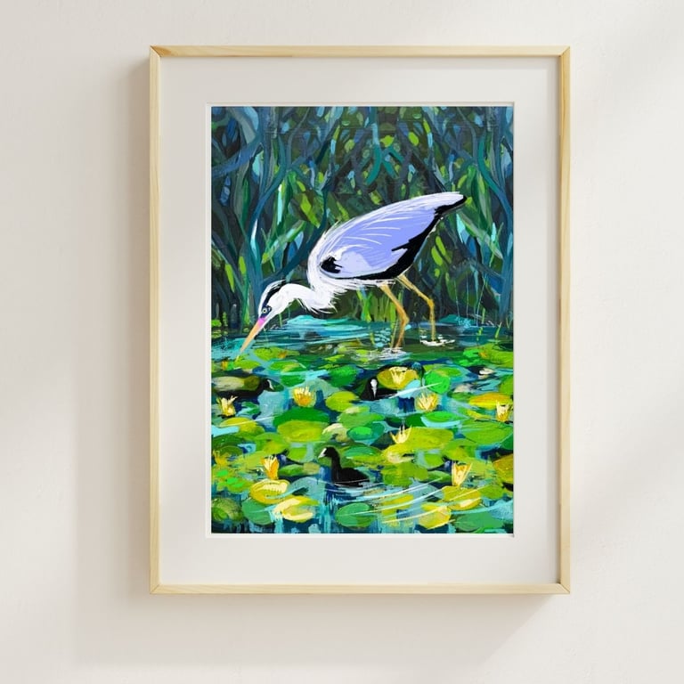 Bird art print Heron acrylic painting 