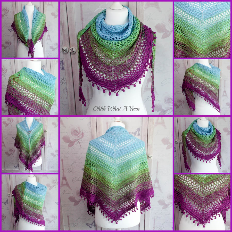 Crochet ombre lace cotton shawl in shades of blue, purple and green