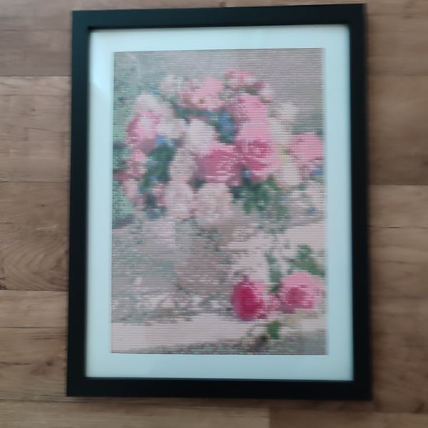 Pink roses in a vase completed diamomd painting in a frame 