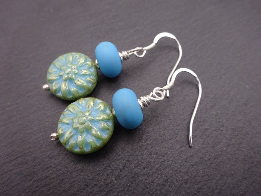 lampwork glass earrings, blue dahlia 
