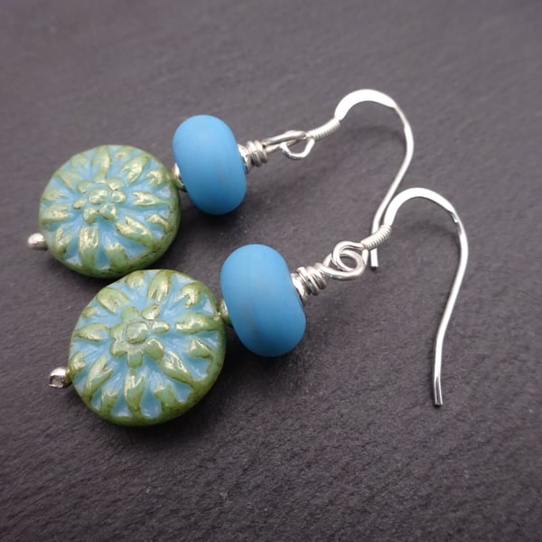 lampwork glass earrings, blue dahlia 