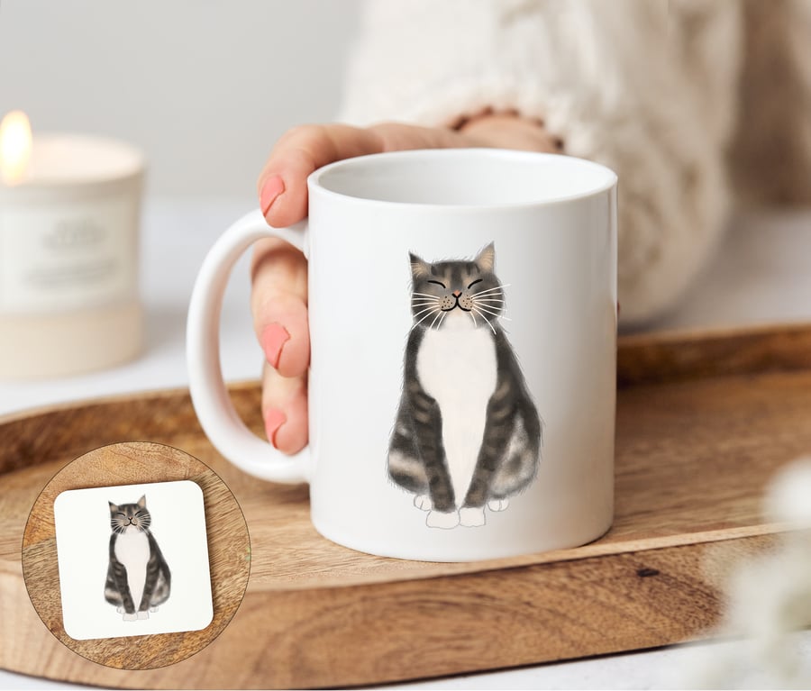 Tabby Cat Mug and optional matching coaster, Tabitha the Tabby Cat