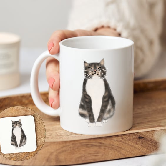 Tabby Cat Mug and optional matching coaster, Tabitha the Tabby Cat
