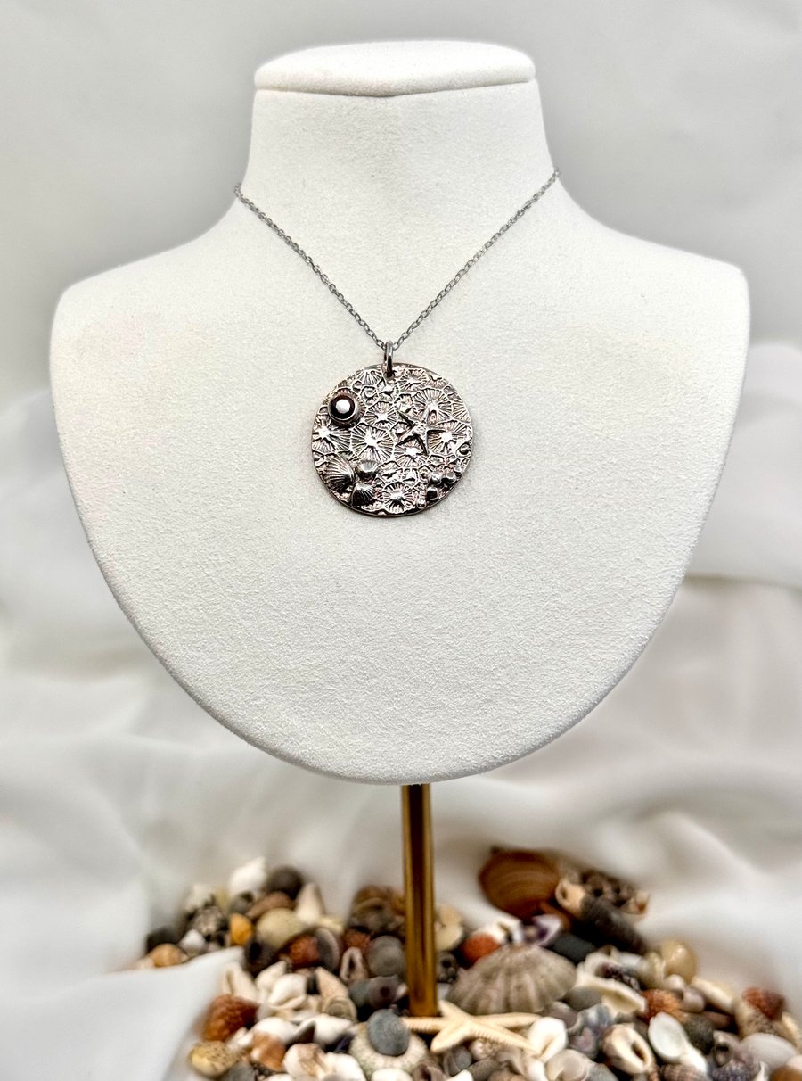 Silver necklace, seashore inspired design with CZ, made in North Yorkshire