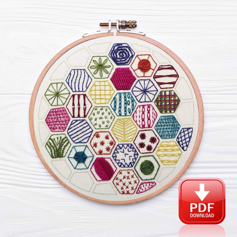 Hexagon Sampler to learn 20 hand embroidery stitches PDF Pattern