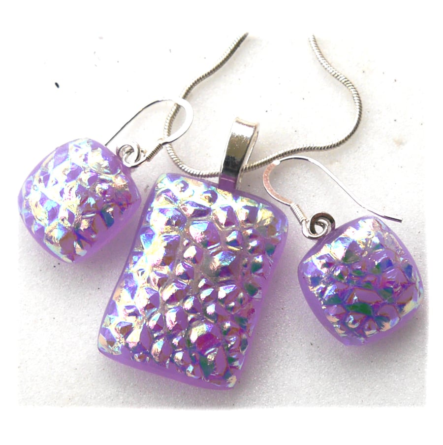 SOLD Dichroic Glass Pendant Earring Set 072 Lilac Sparkle silver plated chain