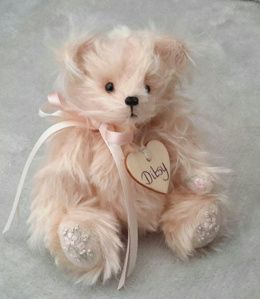 Miniature Mohair Artist Bear, one of a kind Embroidered Collectable Bear