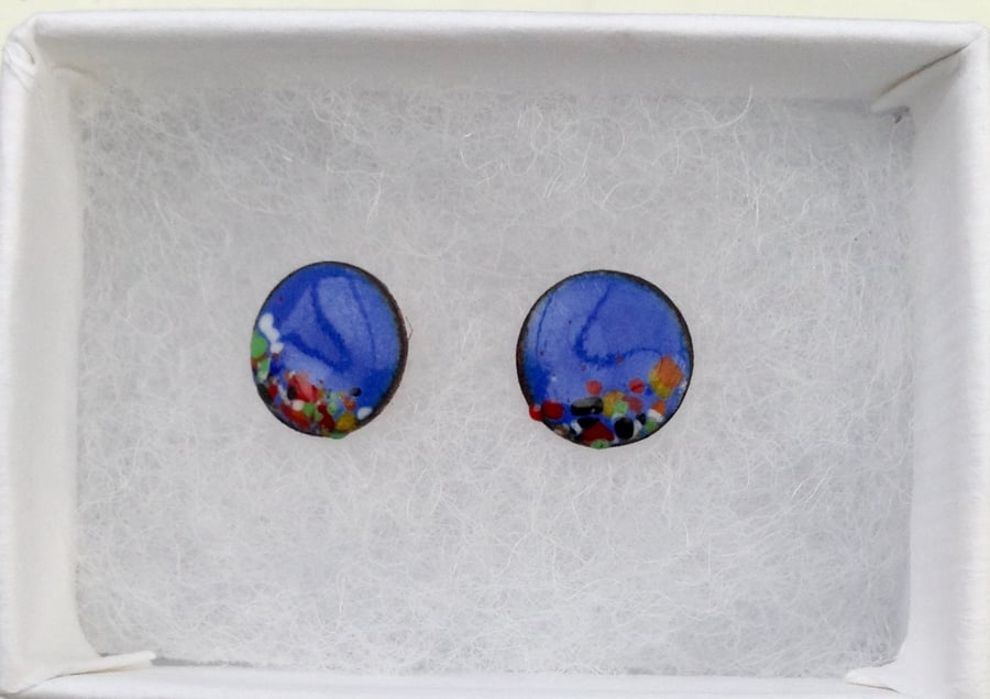 ROUND STUD EARRINGS, ENAMELLED ON COPPER WITH STERLING SILVER BACKS - 9MM