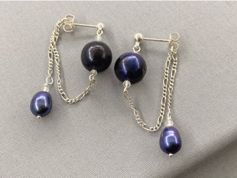 Navy Blue Cultured Pearl & Topaz Double Drop Front and Back Earrings