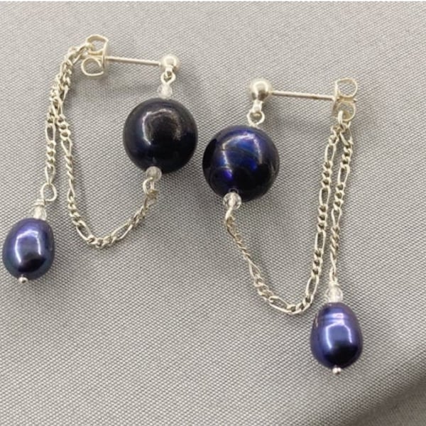 Navy Blue Cultured Pearl & Topaz Double Drop Front and Back Earrings