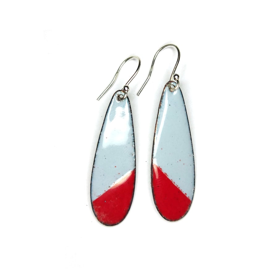 Red & grey enamel colour block drop earrings