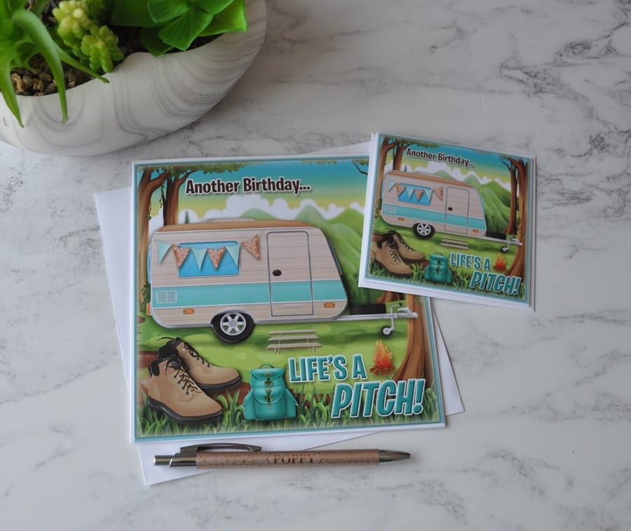 Birthday Blue Caravan Forest Camping Life's A Pitch 3D Luxury Handmade Cards