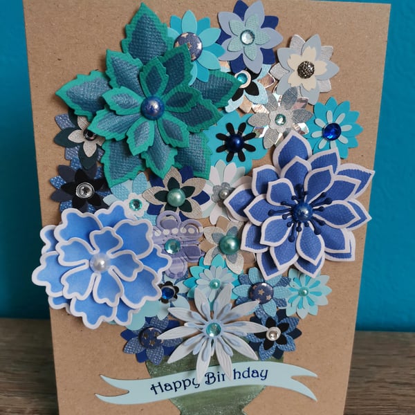 Flower birthday card  - Handmade keepsake - blue flowers - boxed