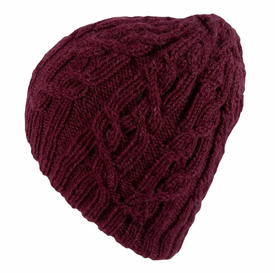 burgundy red cable hat, slouchy cabled hat, unisex hand knit wool hat, woollen h