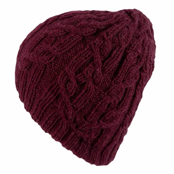 burgundy red cable hat, slouchy cabled hat, unisex hand knit wool hat, woollen h