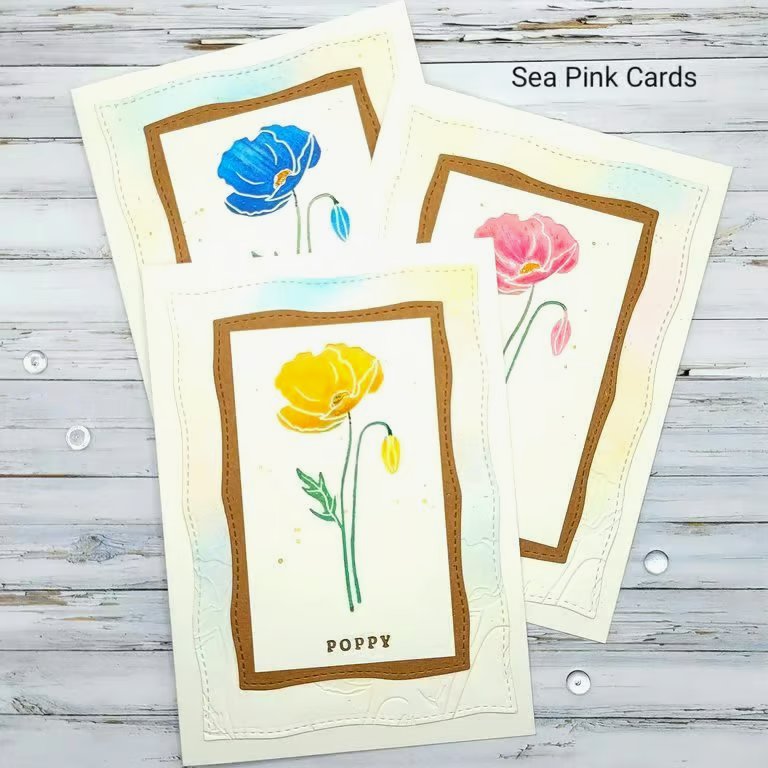 Blank Cards  Set of 3  - poppies, embossed, pink, blue, yellow poppy flowers
