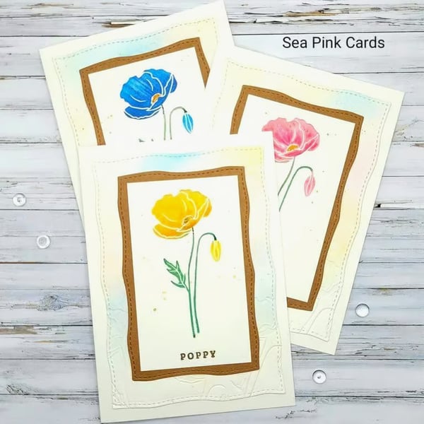 Blank Cards  Set of 3  - poppies, embossed, pink, blue, yellow poppy flowers