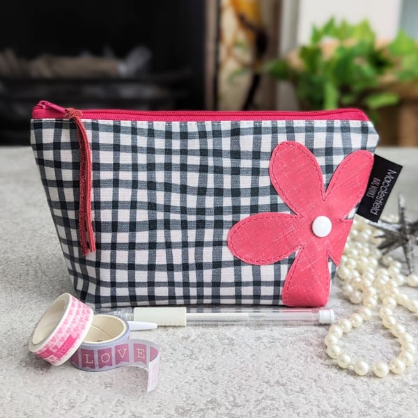 Gingham and Pink Flower Oilcloth Small Makeup Bag or Pencil Case