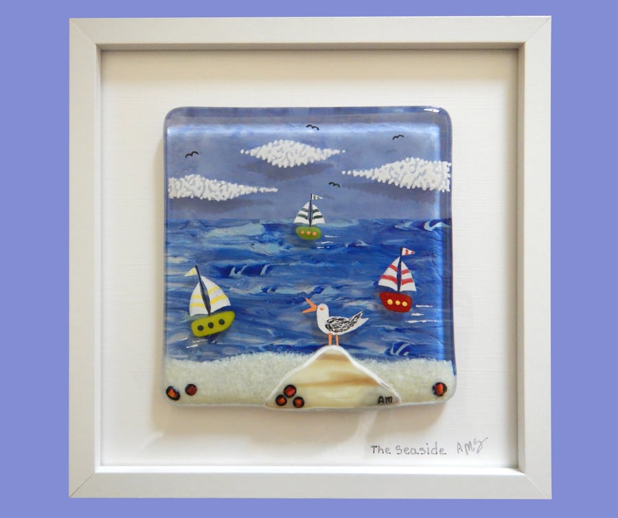 HANDMADE FUSED GLASS  'SEAGULL AND COAST' PICTURE