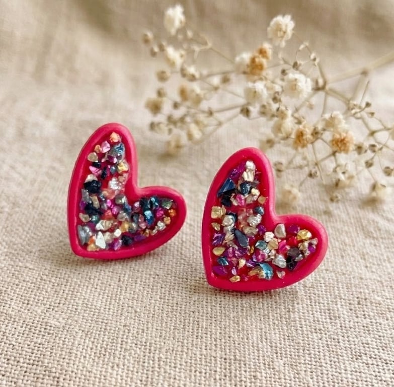 Red heart stud earrings for women, handmade Valentine’s gift for her