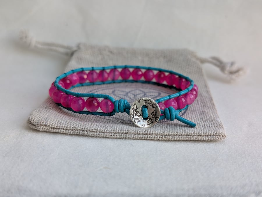 Turquoise leather and hot pink agate bracelet with button fastener 