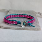 Turquoise leather and hot pink agate bracelet with button fastener 