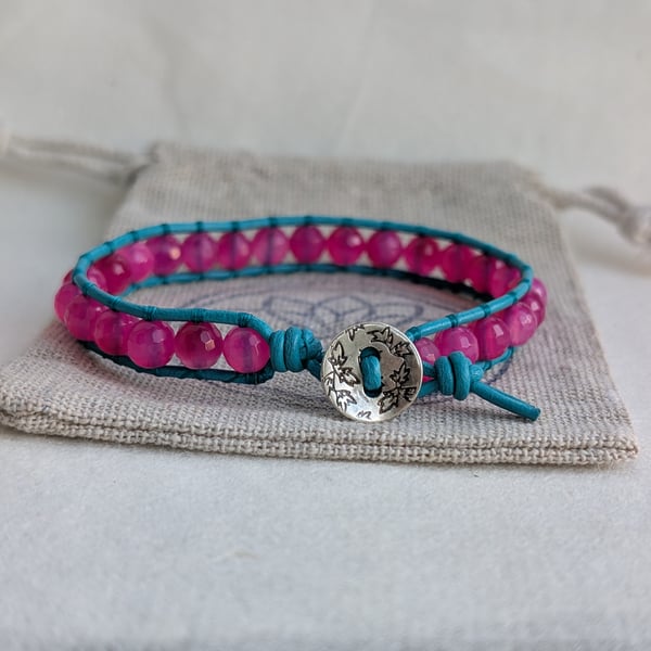 Turquoise leather and hot pink agate bracelet with button fastener 