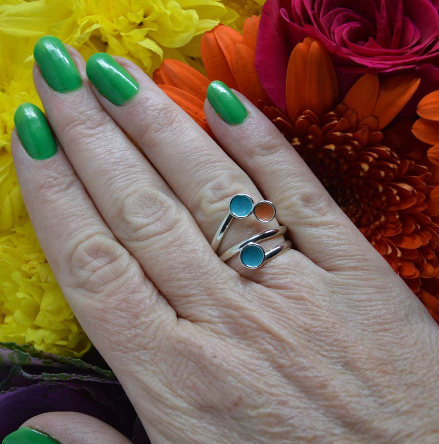 Sterling silver and turquoise and orange adjustable ring