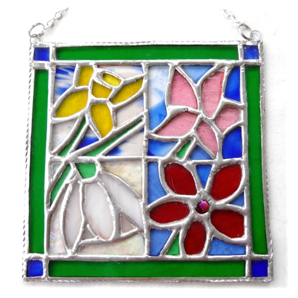 Flower Tile Suncatcher Stained Glass 4 Seasons Framed Picture