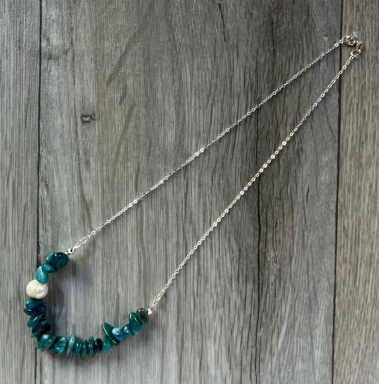 Asymmetric apatite & freshwater pearl necklace with solid sterling silver chain