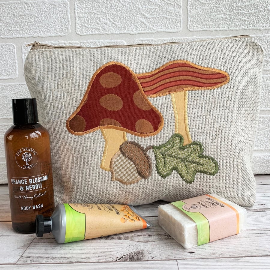Autumn woodland toiletry bag with toadstools, acorn and oak leaf