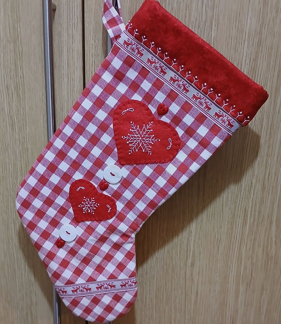 Scandi Style Snowflake Hearts Red Gingham Christmas Stocking