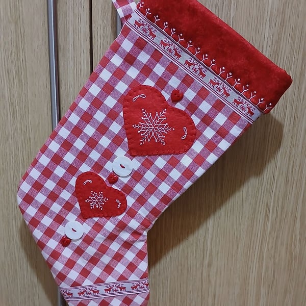Scandi Style Snowflake Hearts Red Gingham Christmas Stocking