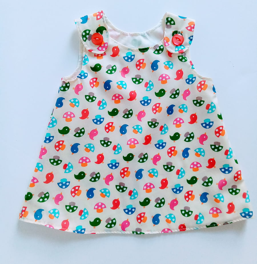Dress, 3-6 months, Summer dress, A Line dress, birds and toadstools,  pinafore