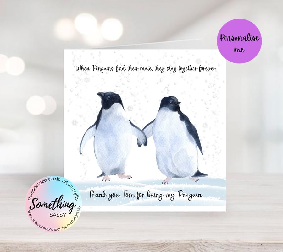 Personalised Penguin Christmas Card - couples penguin card
