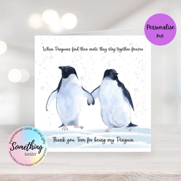 Personalised Penguin Christmas Card - couples penguin card