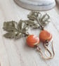 Brass maple leaf earrings, Orange and brass, Statement earrings - Image 3