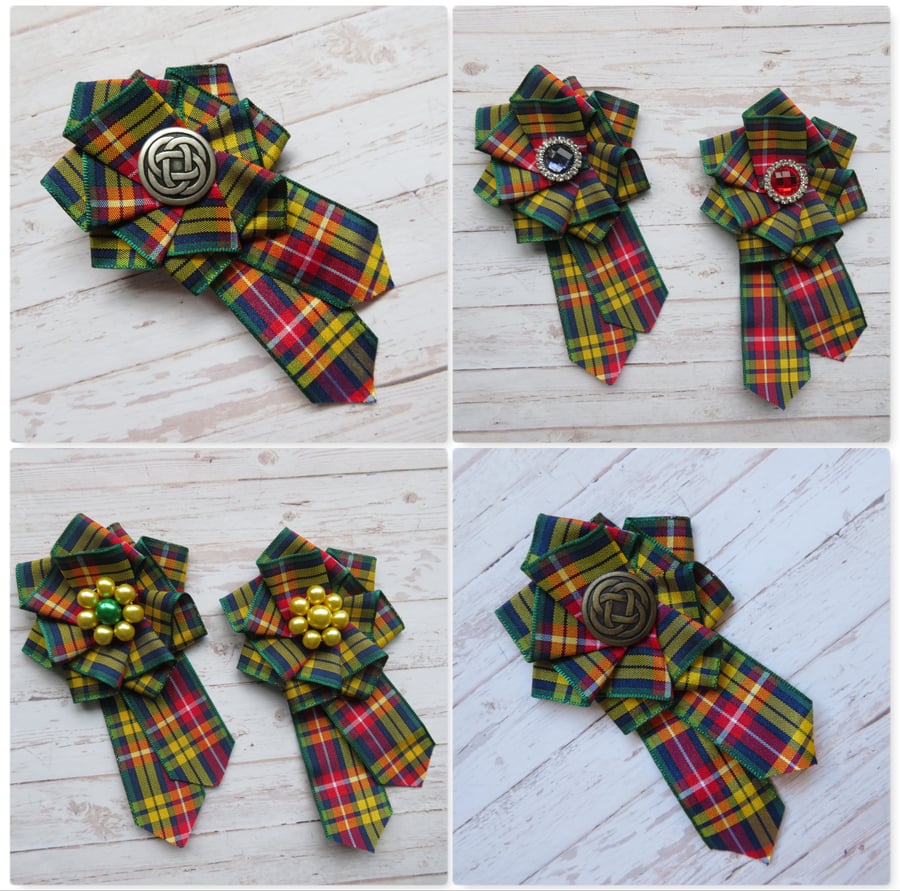 Buchanan Tartan Plaid Ribbon Ruffle Rosette Brooch Corsage Pin