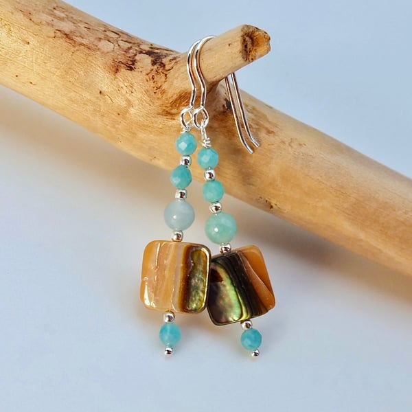 Abalone Shell, Amazonite & Silver Earrings, Birthday, Anniversary, Gifts For Her